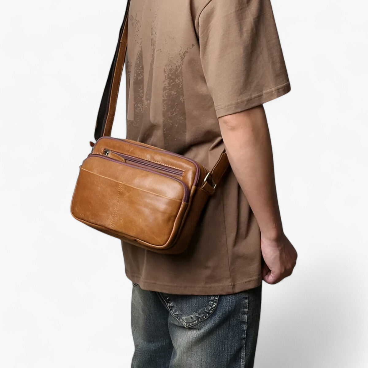 Sac Bandoulière Homme Premium en Cuir Mat Marron