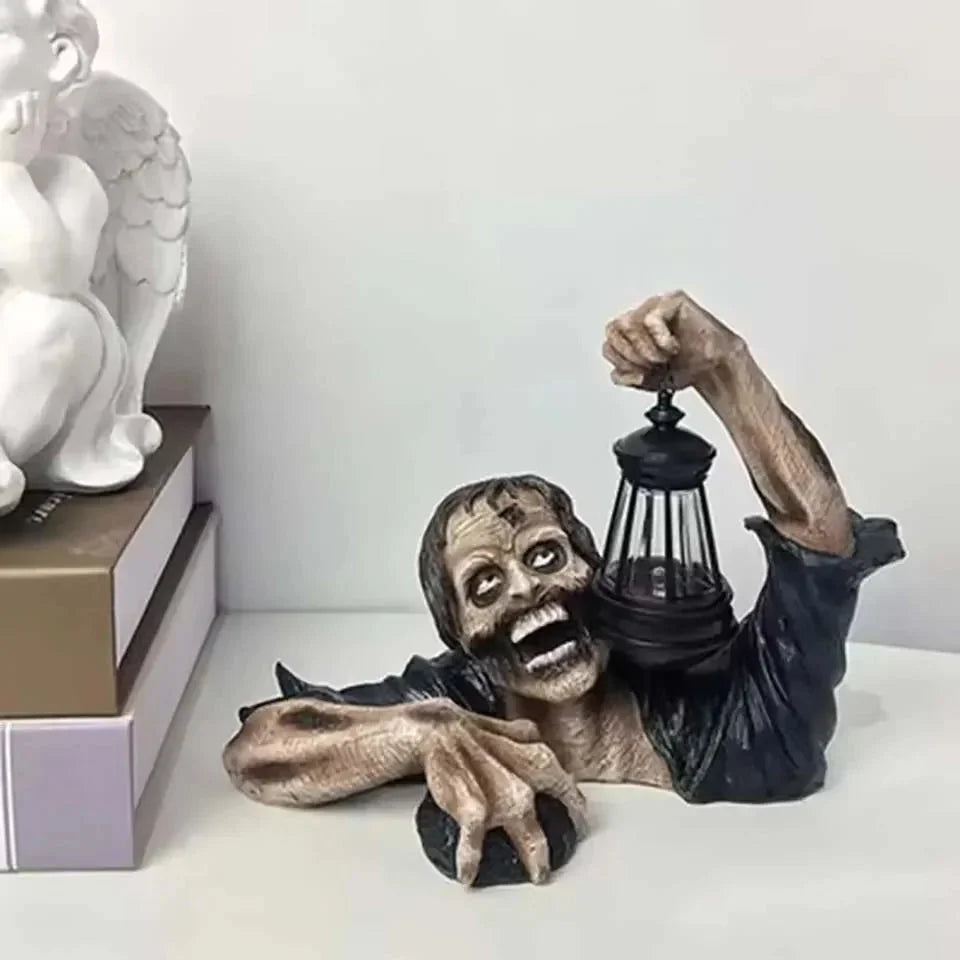 Figure de Zombie de Jardin avec Lanterne - Décor Halloween en Résine