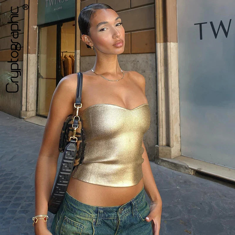 top blouses : Bustier Crop Top Doré Vintage Sans Bretelles in van Seroa