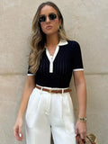 Top Polo Stylé en Maille à Rayures Femme
