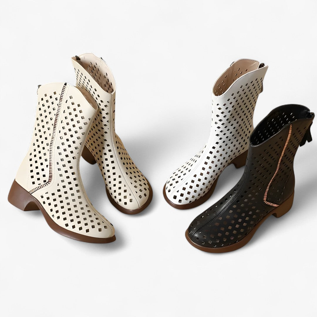 Atmungsaktive, halbhohe Damenstiefel aus echtem Leder mit Perforation