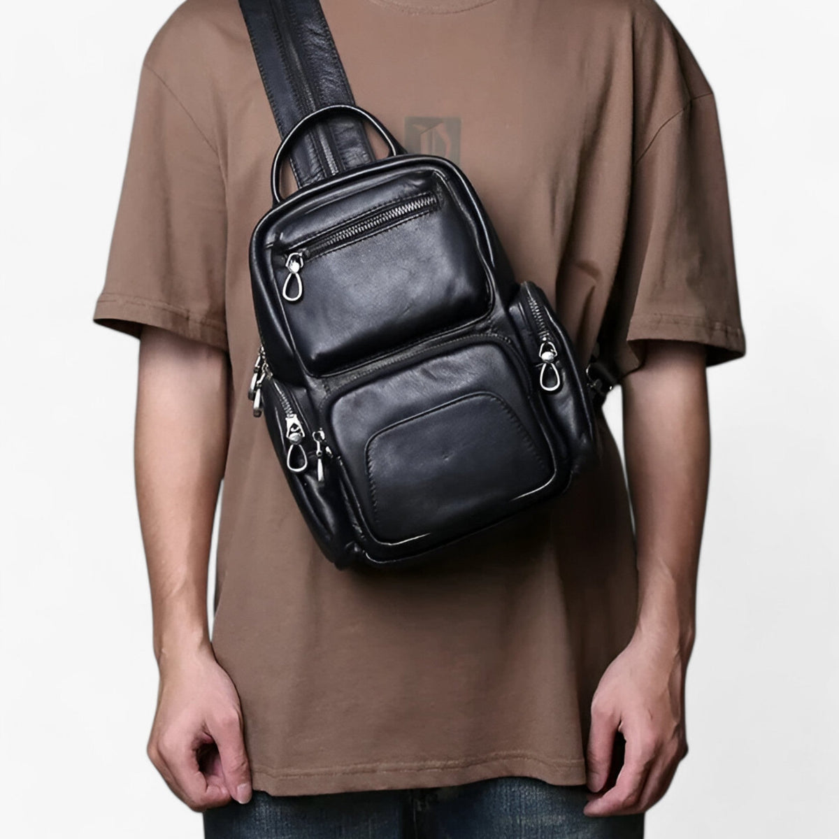 Sac Poitrine 2-en-1 Homme en Cuir et Sac à Dos