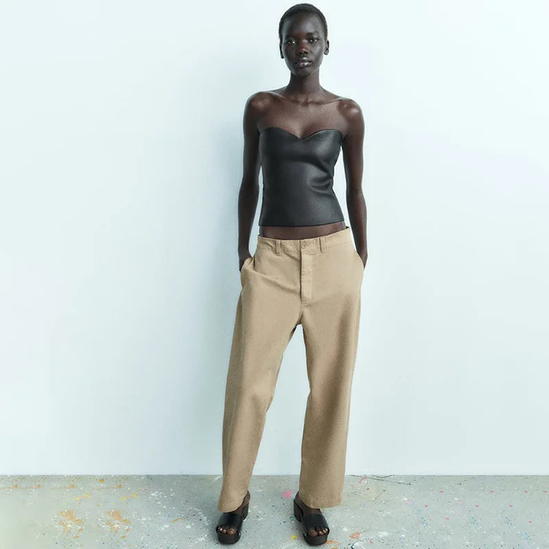 top blouses : Bustier Crop Top Doré Vintage Sans Bretelles in Noir van Seroa