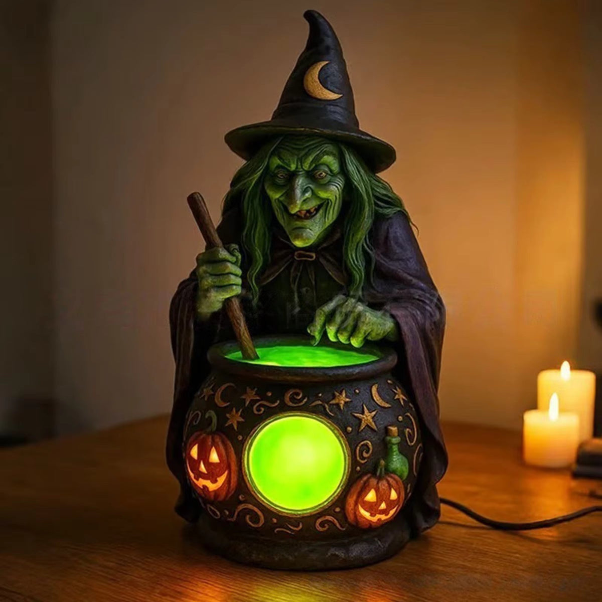 Lampe de Table Chaudron de Sorcière en Résine avec LED Verte Néon