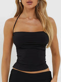 Fließendes schwarzes Damen-Crop-Top – rückenfrei, verstellbare Schnürung,
