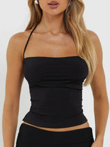 Crop top fluid negru pentru femei - Spate gol, șiret ajustabil,