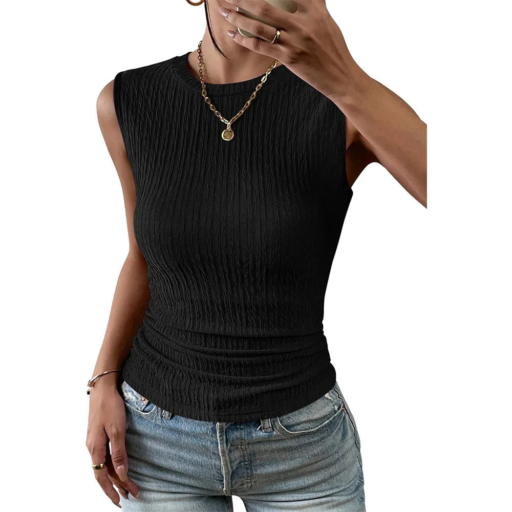 top blouses : Freya – Haut Élégant Sans Manches À Coupe Ajustée Et Texture Subtile in Noir van Seroa