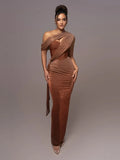 Robe de Soirée Asymétrique Femme avec Finition Métallisée