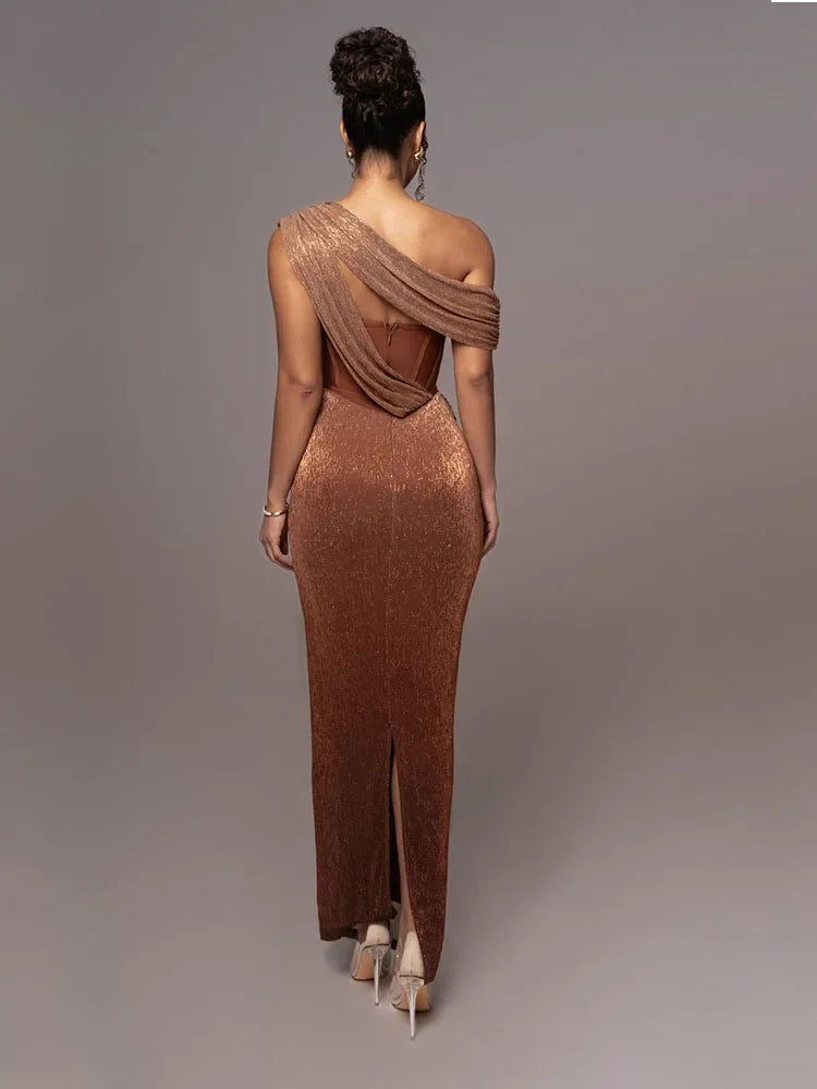 Robe de Soirée Asymétrique Femme avec Finition Métallisée