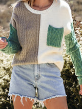 Hanorac cu glugă colorblock, casual, tricot pentru femei