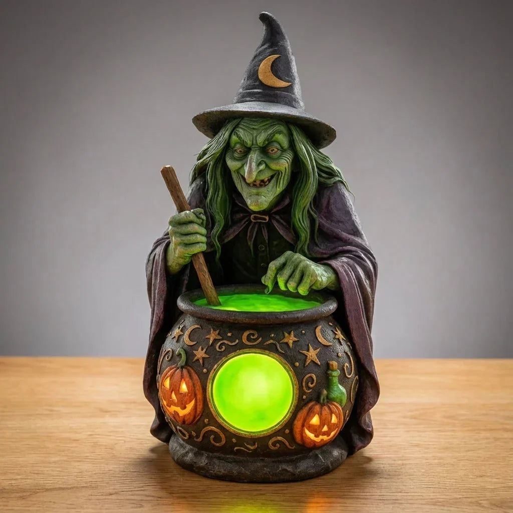 Lampe de Table Chaudron de Sorcière en Résine avec LED Verte Néon