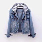 Jachetă din denim cu glugă casual pentru femei - denim albastru deschis