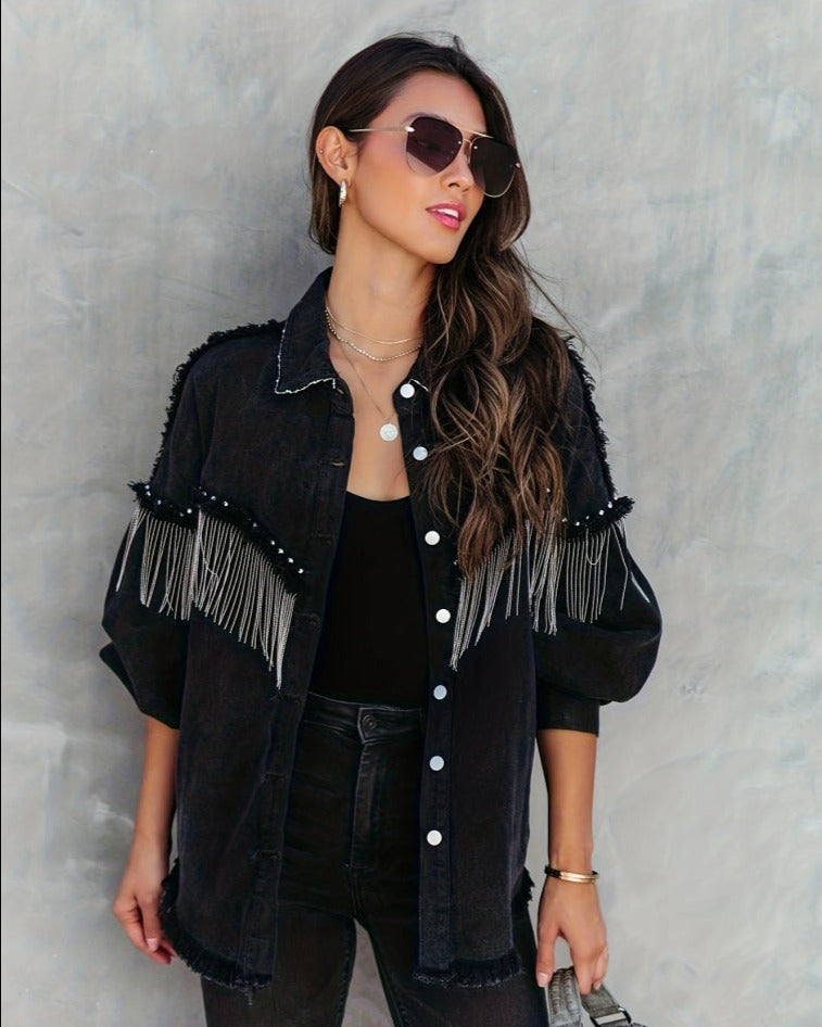 Veste en Jean Femme Tendance avec Pompons 0