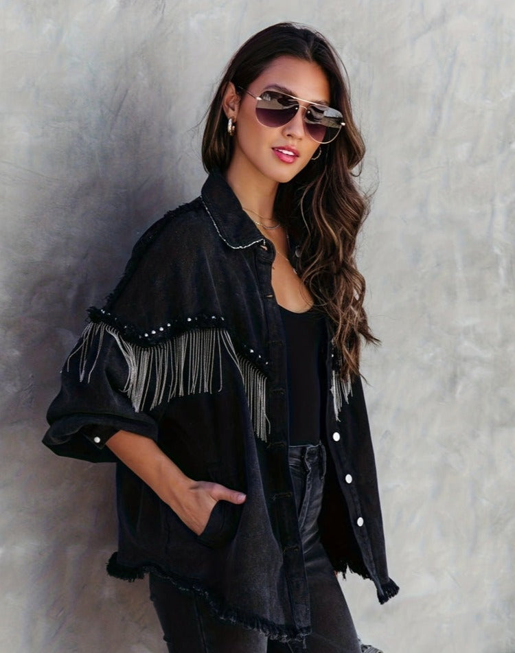 Veste en Jean Femme Tendance avec Pompons 1