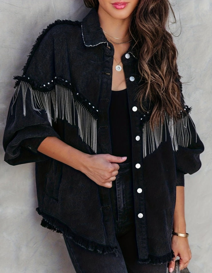 Veste en Jean Femme Tendance avec Pompons 2