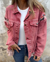 Jachetă din denim patchwork multicoloră casual pentru femei