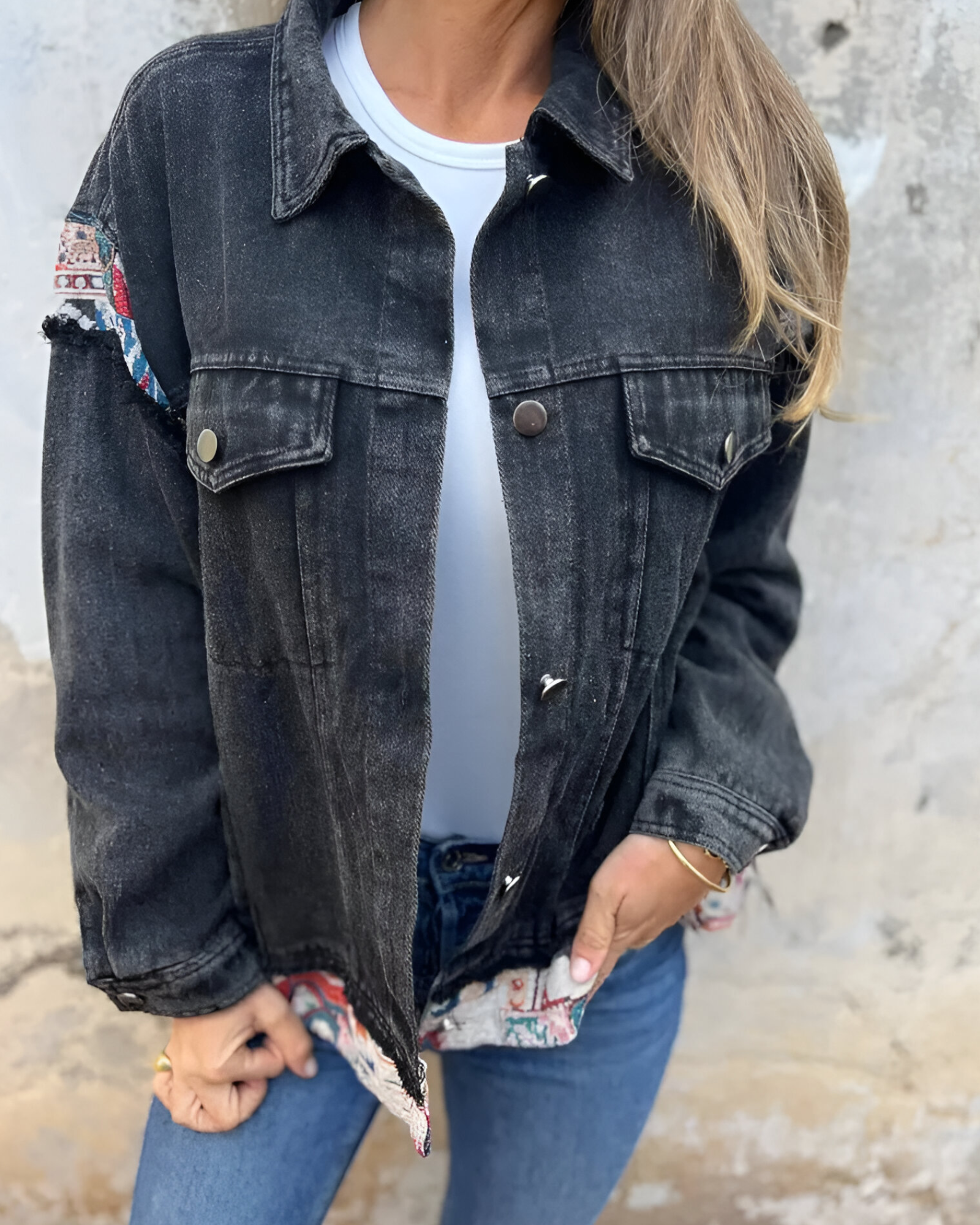 Veste en Jean Patchwork Femme Décontractée Multicolore Denim