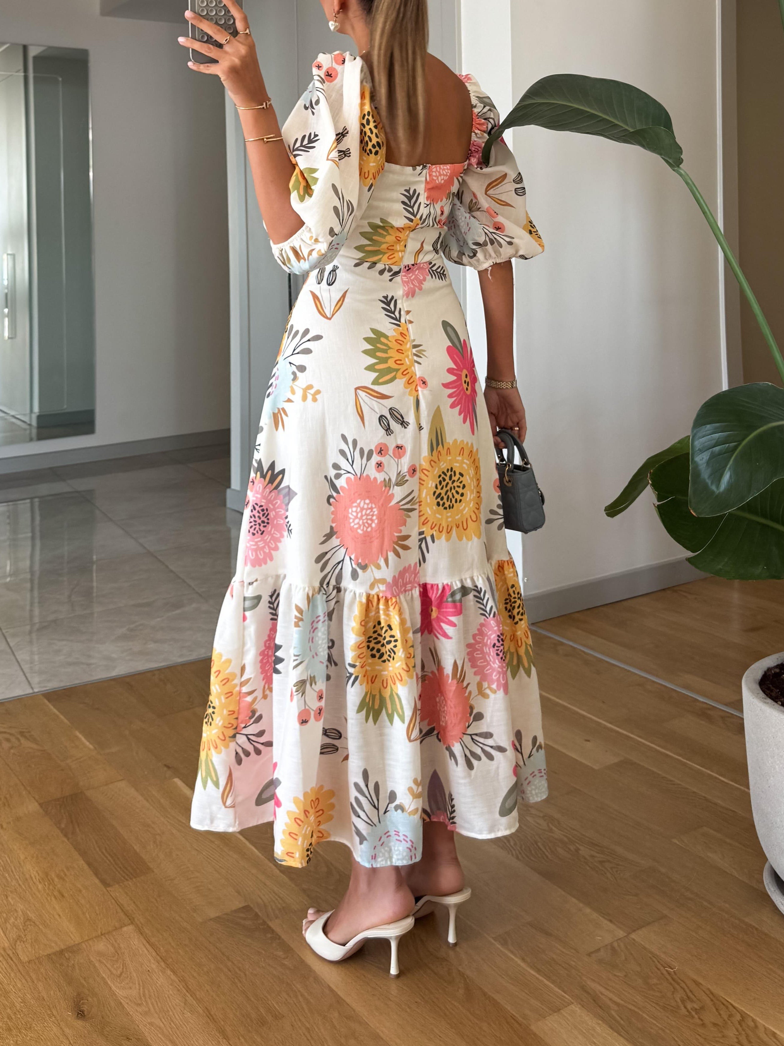 Robe midi élégante, manches bouffantes et imprimé floral