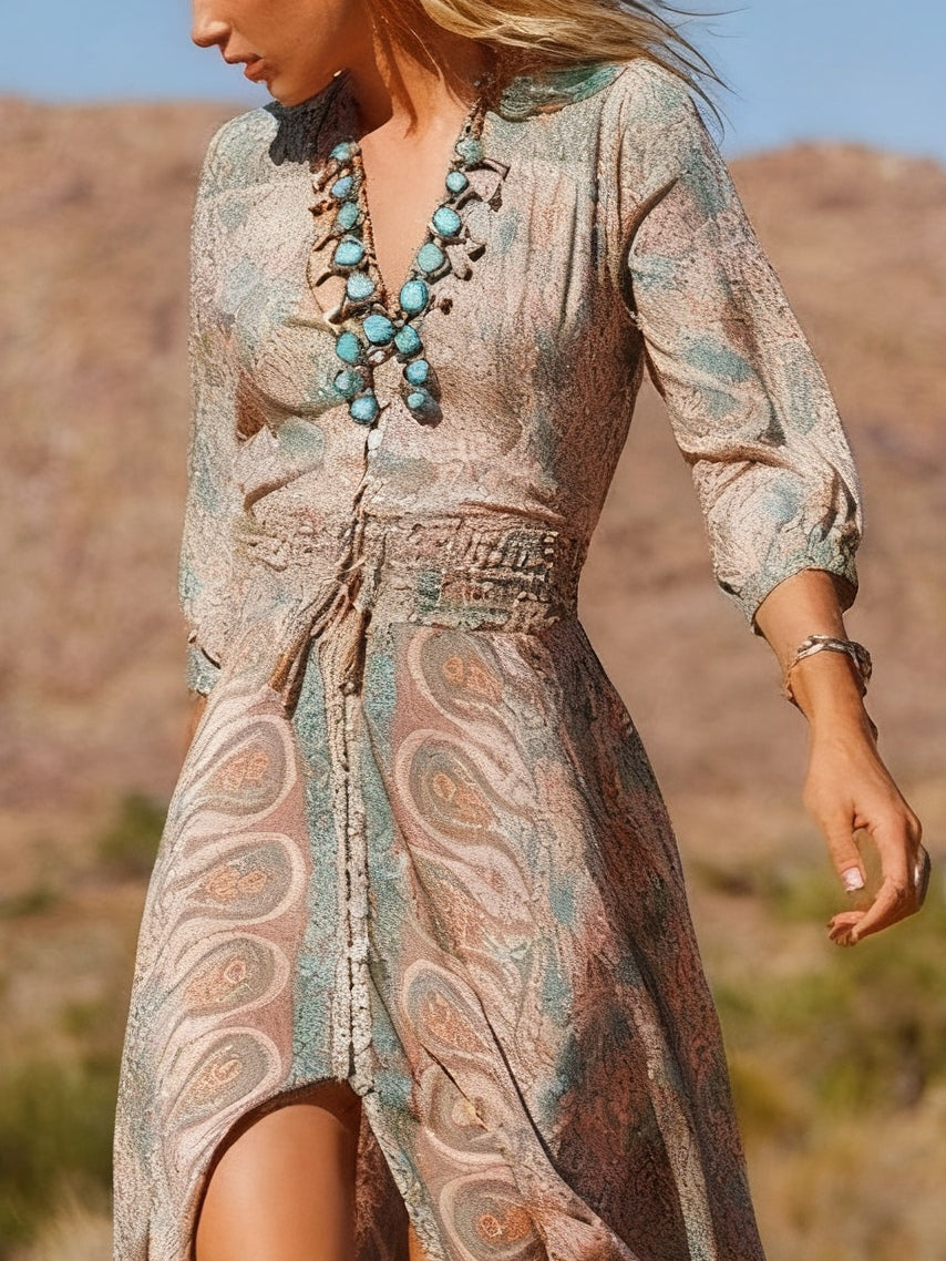 Boho langes Maxikleid mit Western-Print und Schlitz