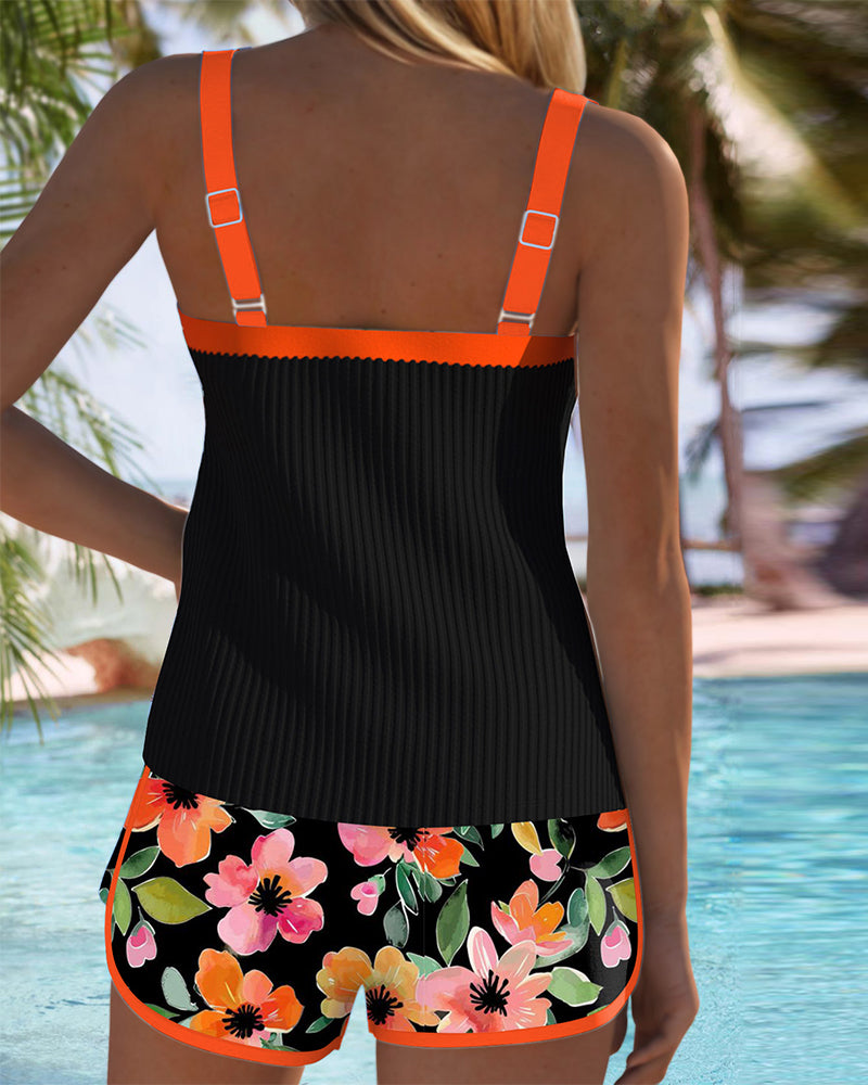 Tankini Rembourré Noir Floral avec Shorty Femme - Maillot de Bain