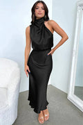 Robe Midi Femme Noire Satinée Élégante - Col Montant, Parfaite
