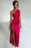 Robe de soirée en satin, asymétrique avec fente haute Femme