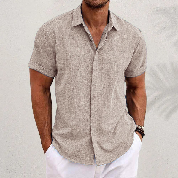 Camicia Lino Uomo Maniche Corte - Stile Estivo e Traspirante - Cachi - abbigliamento estivo camicia traspirante camicia uomo lino comfort estivo maniche corte uomo moda mare uomo stile casual uomo