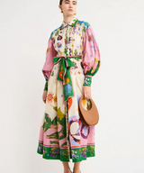 Rochie lungă fluidă boemă pentru femei, imprimeuri artistice, cu mâneci