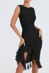 Rochie de cocktail asimetrică neagră pentru femei cu volane elegante -