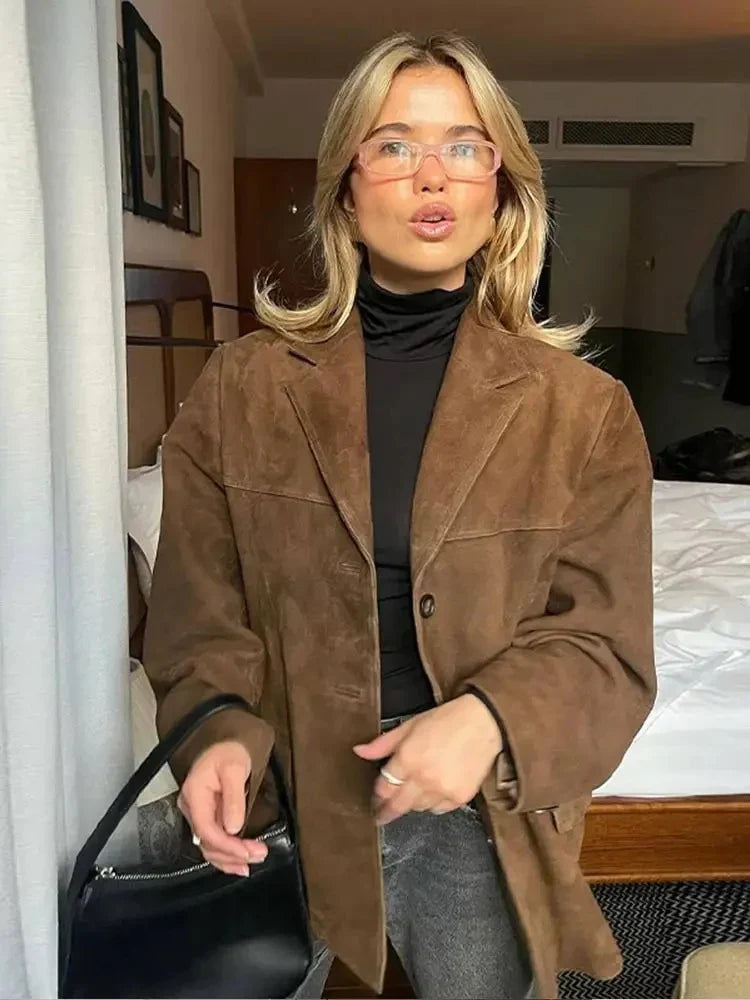 Blazer Oversize Femme - Effet Daim Marron avec Col Revers