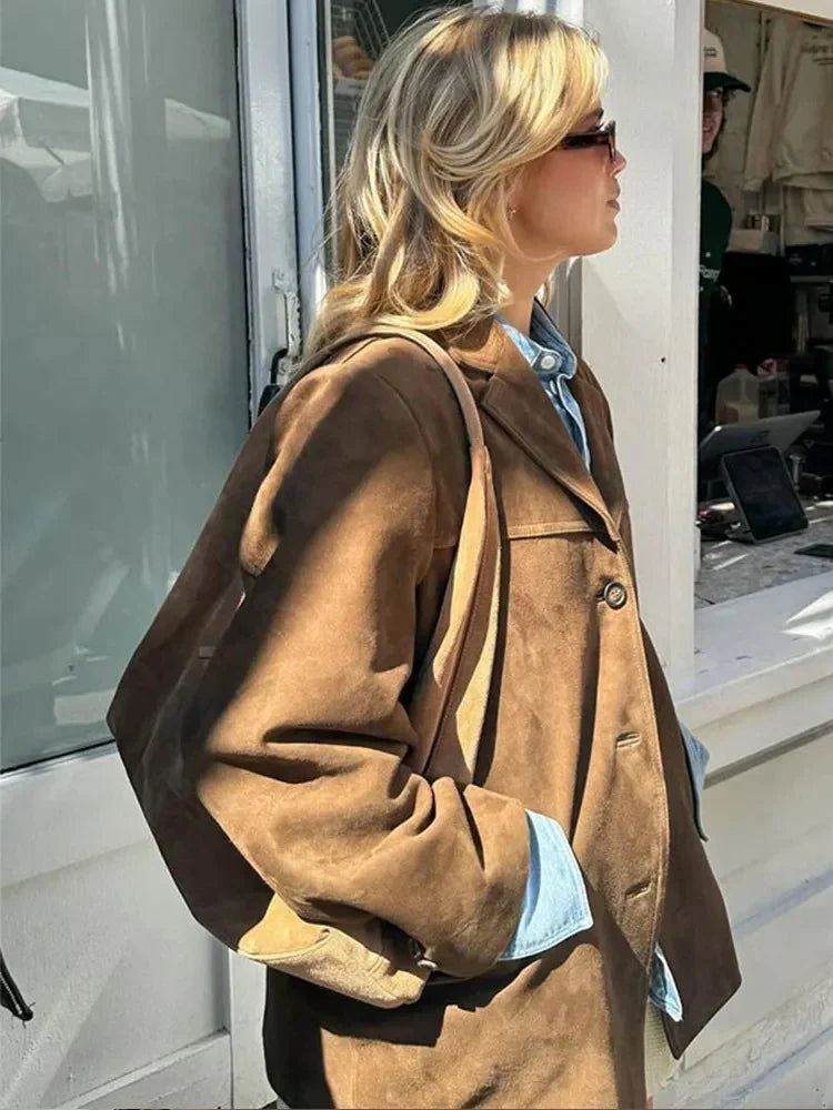 Blazer Oversize Femme - Effet Daim Marron avec Col Revers