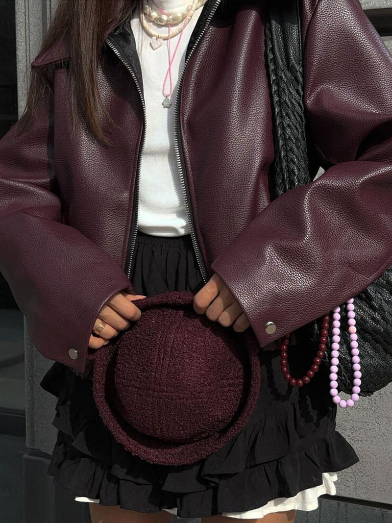 Veste Courte Femme en Cuir Synthétique avec Fermeture Éclair et Col