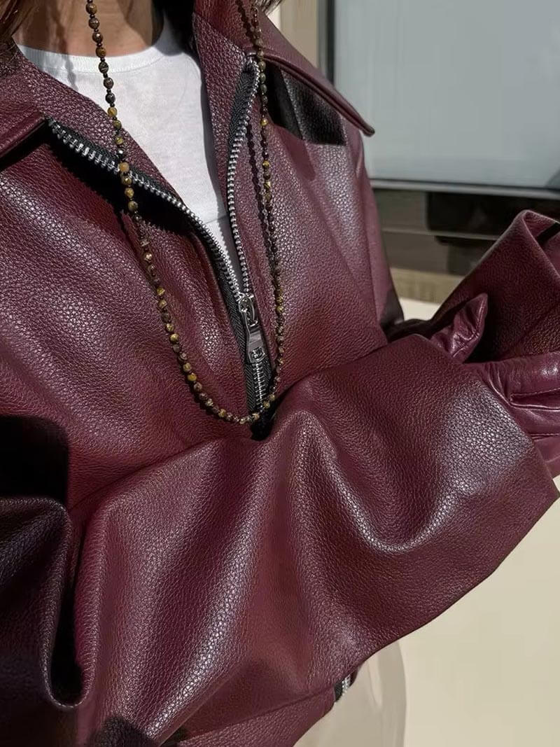 Veste Courte Femme en Cuir Synthétique avec Fermeture Éclair et Col