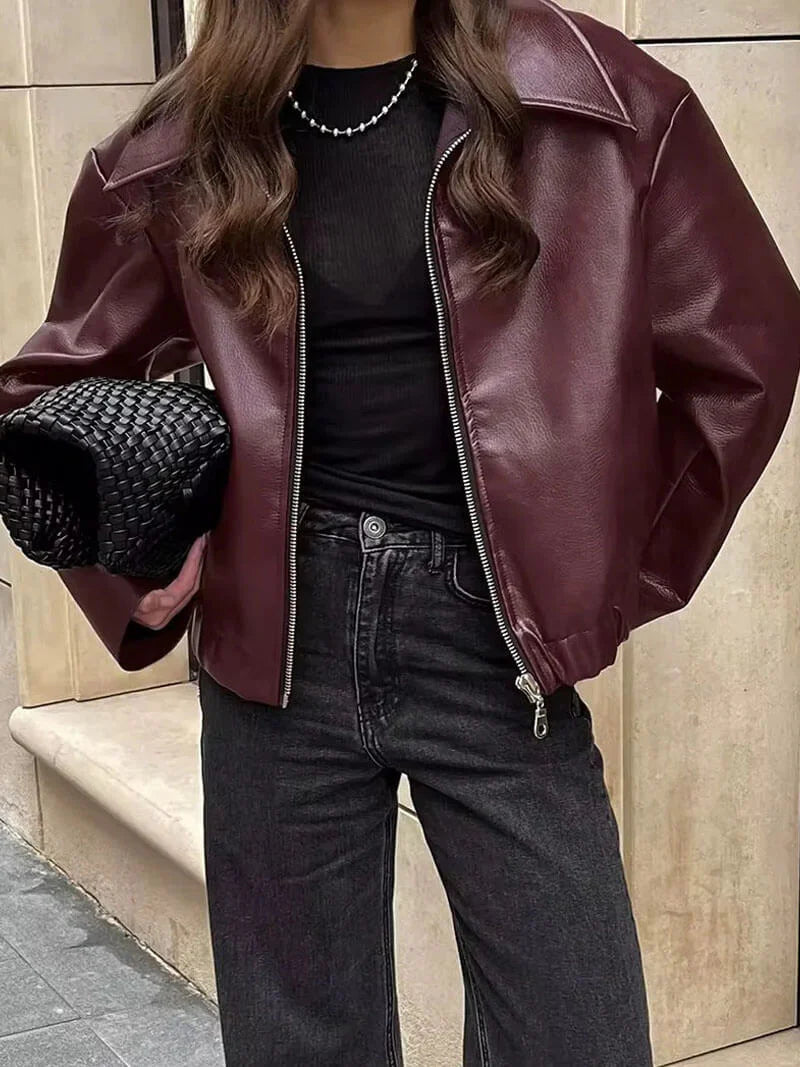 Veste Courte Femme en Cuir Synthétique avec Fermeture Éclair et Col