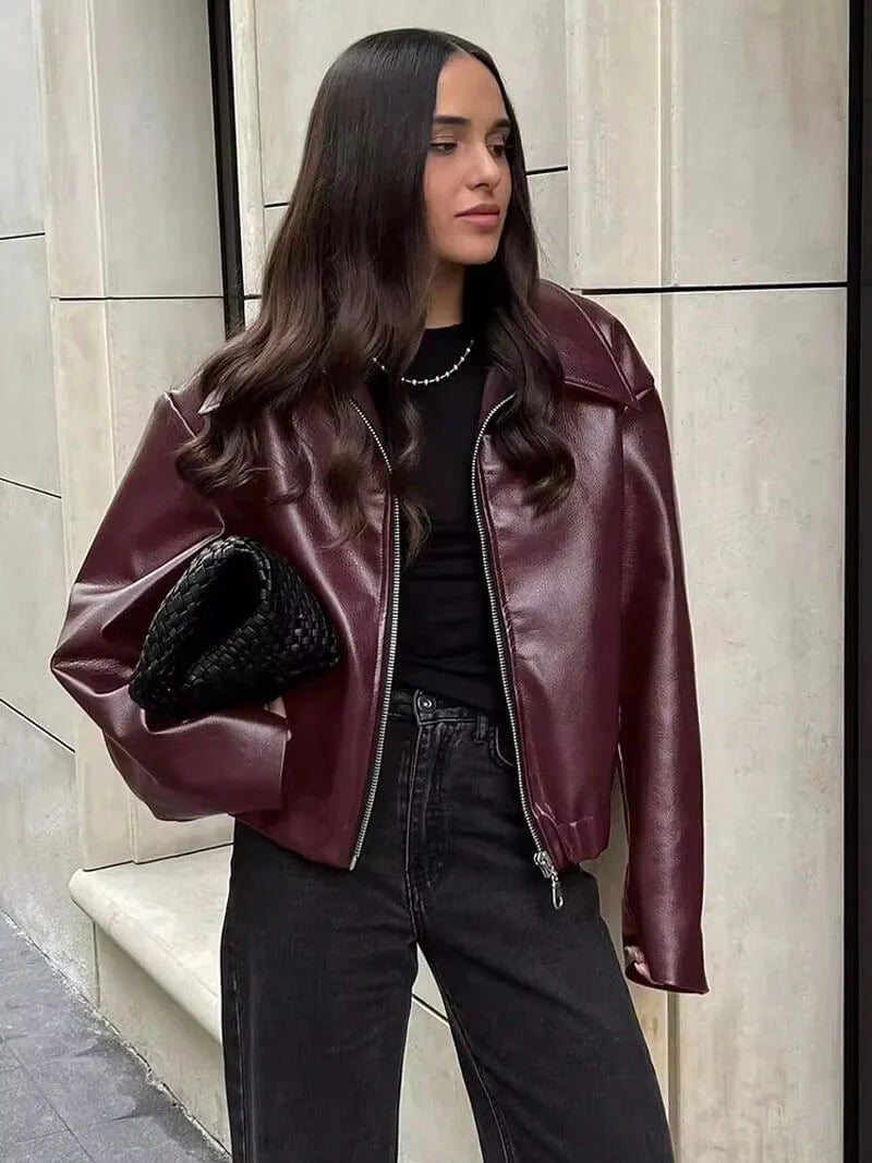 Veste Courte Femme en Cuir Synthétique avec Fermeture Éclair et Col