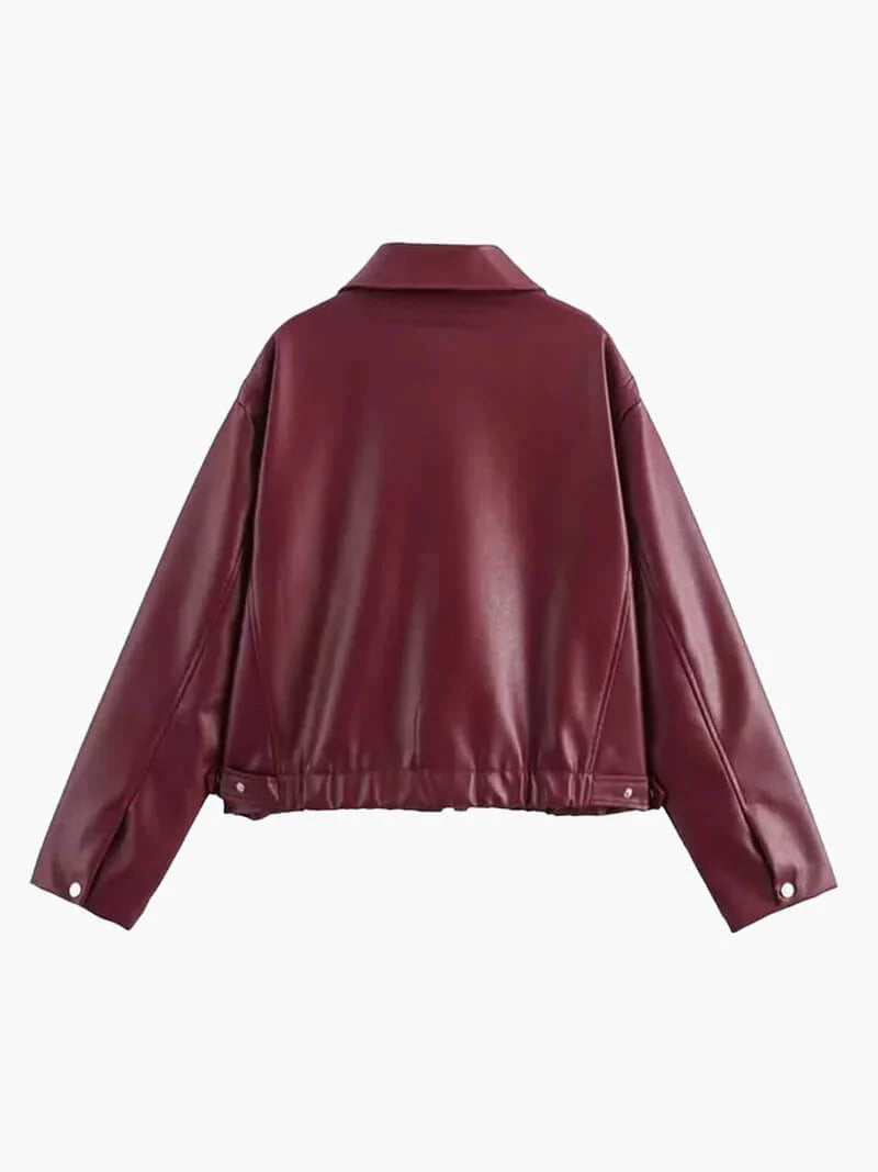 Veste Courte Femme en Cuir Synthétique avec Fermeture Éclair et Col