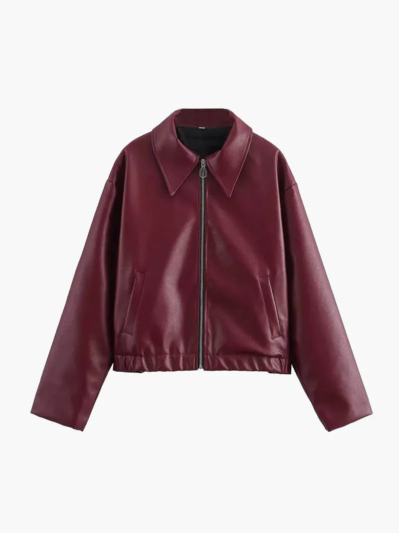 Veste Courte Femme en Cuir Synthétique avec Fermeture Éclair et Col