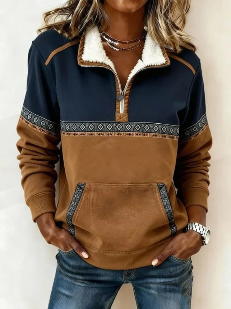 Pull Femme - Demi-Zip avec Col en Sherpa, Cognac