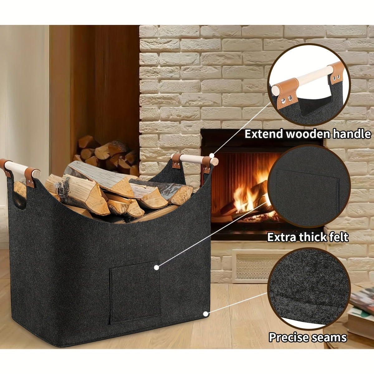 Panier de Rangement Pliable en Feutre pour Bois de Chauffage avec Poignees en Bois