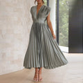 Robe Midi Fluide Plissée Col V Femme - Idéale Été, Cérémonie, Élégante