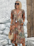 Robe Midi Fleurie Légère à Col en V avec Poches Femme