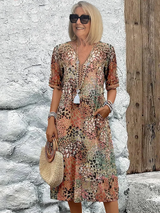 Rochie midi ușoară cu imprimeu floral și decolteu în V cu buzunare pentru femei