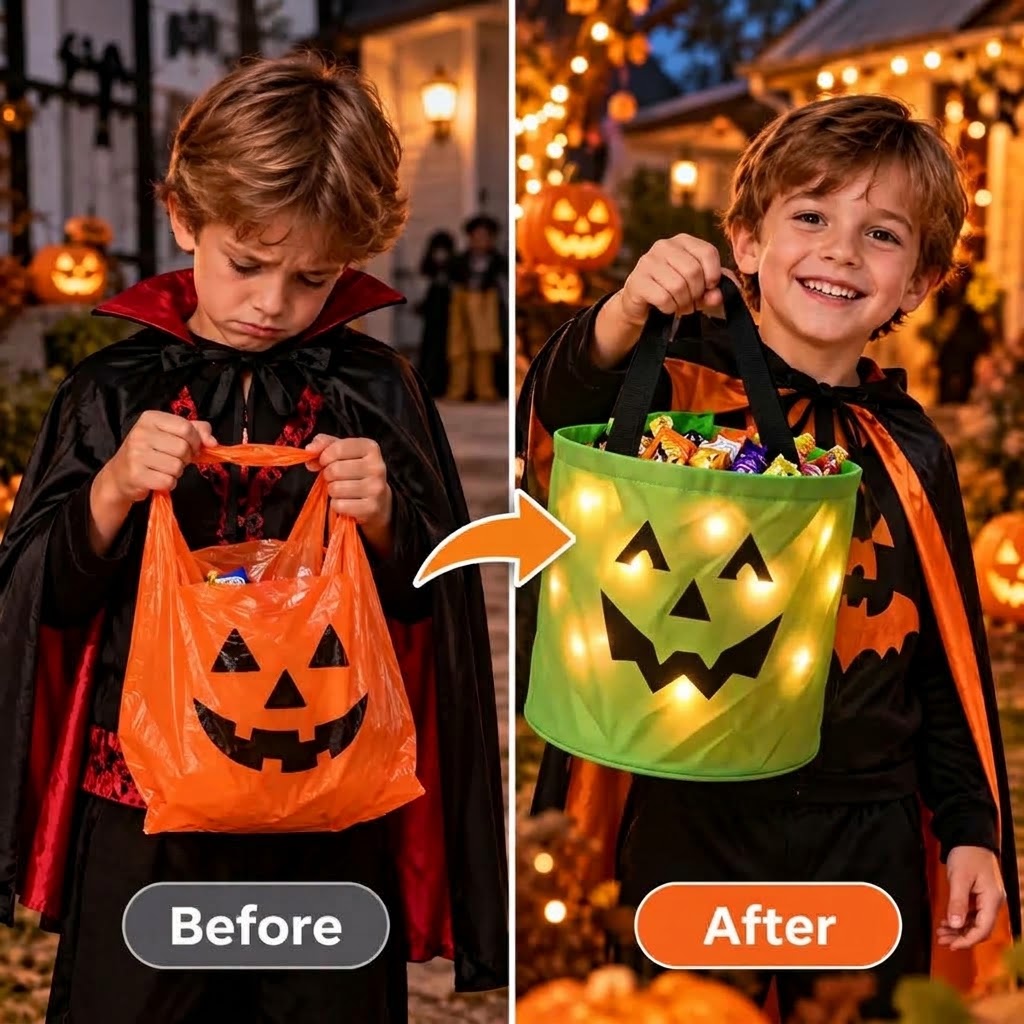 Panier à Bonbons Citrouille LED avec Poignée pour Halloween