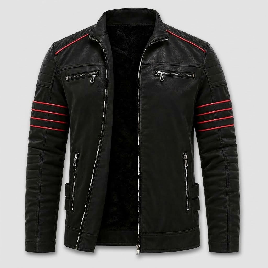 Veste Biker Homme en Cuir Synthétique avec Bandes Contrastées