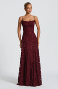 Robe longue Aveline noire en dentelle et satin pour femme