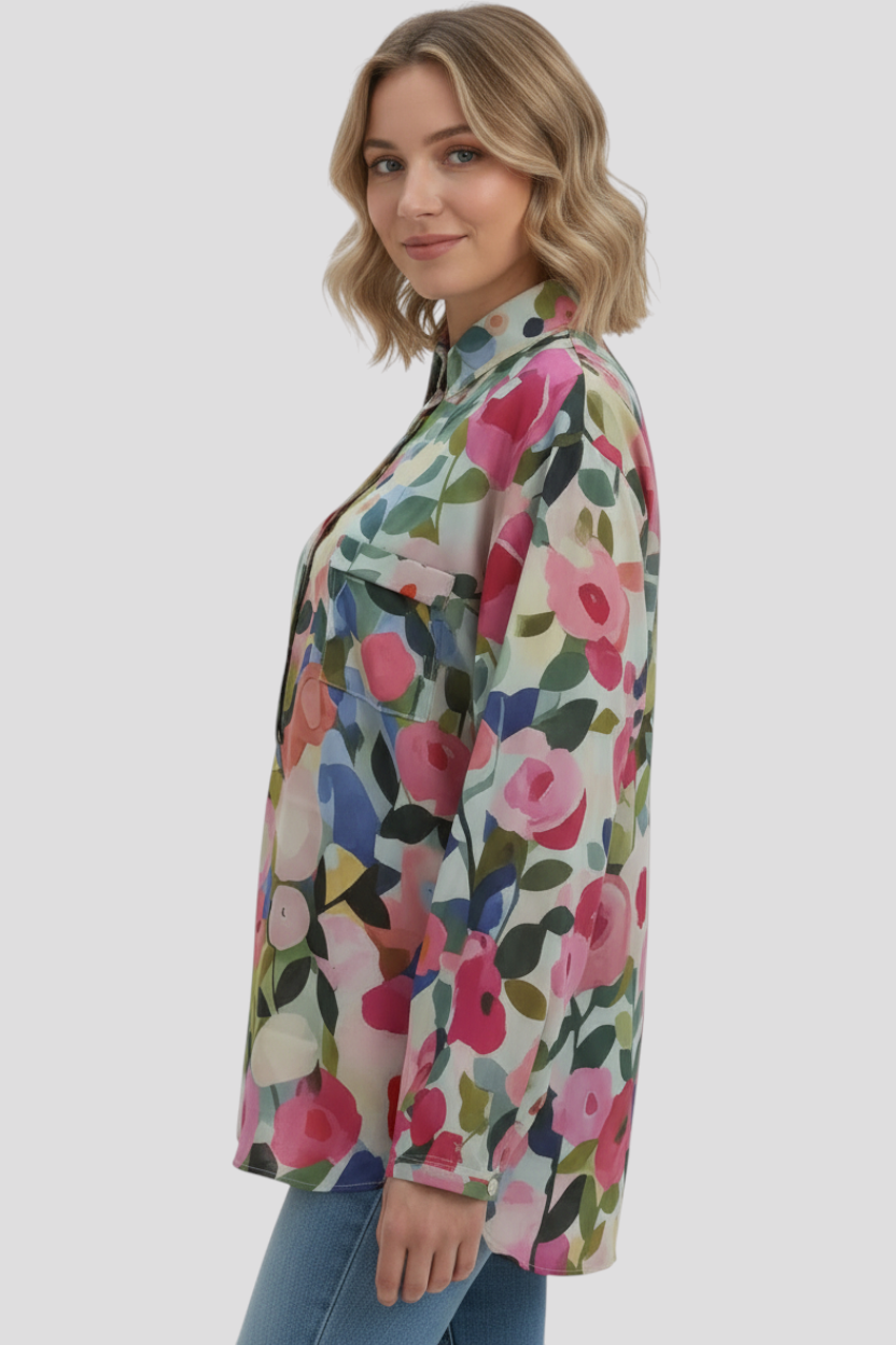Damen Hemd mit Aquarell-Blumenmuster langärmlig, Schnitt