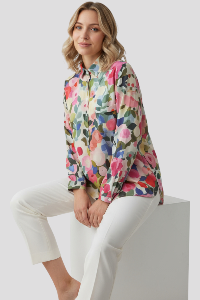 Damen Hemd mit Aquarell-Blumenmuster langärmlig, Schnitt
