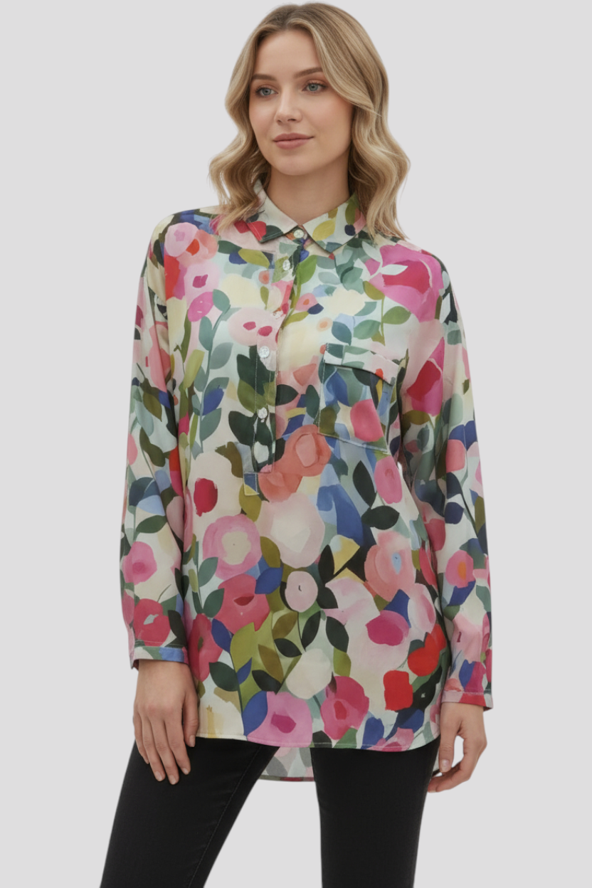Damen Hemd mit Aquarell-Blumenmuster langärmlig, Schnitt