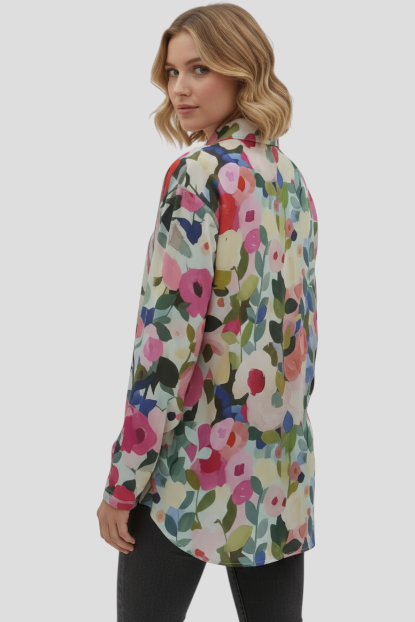 Damen Hemd mit Aquarell-Blumenmuster langärmlig, Schnitt