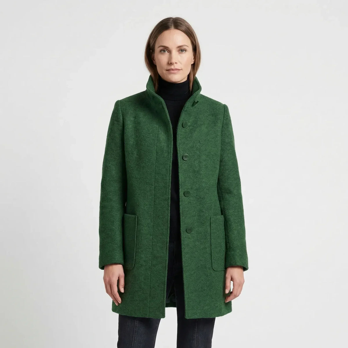 Manteau Mi-Long Femme - Col Montant avec Boutonnage Simple